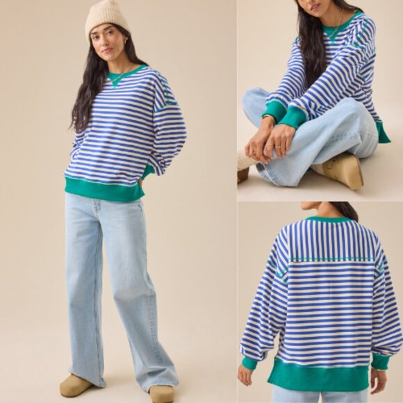 New! Free People Classic stripe pullover Blue White Sweatshirt M 2354 - Picture 1 of 10